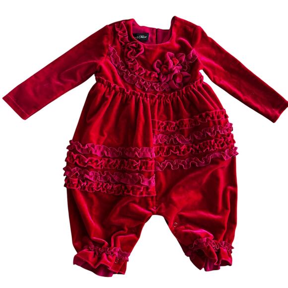 Lot of 2 Isobella & Chloe Red Velvet Ruffle Rompers 12 Months - Picture 2 of 16